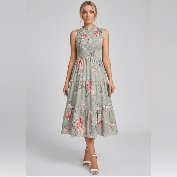By Design Dresses & Skirts - Boho Floral Shirred  Midi Dress – Sage Green & Rose